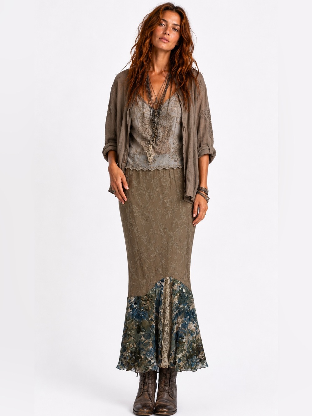 Bohemian Two-Tone Ruffled Hem Maxi Skirt Taupe Lace Blue Silk Blend Size Medium